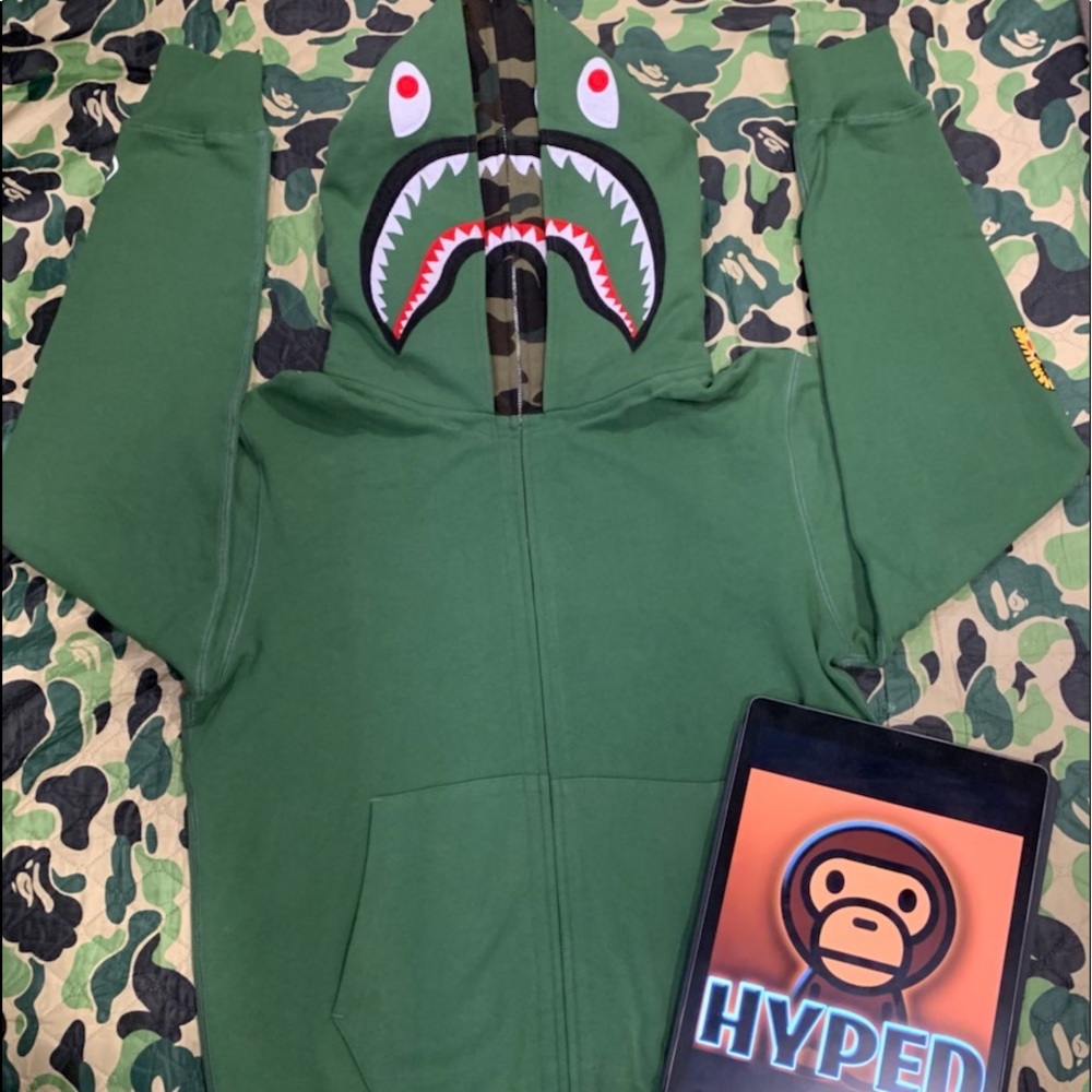 Bape A Bathing Ape Green Double Hood Shark Hoodie